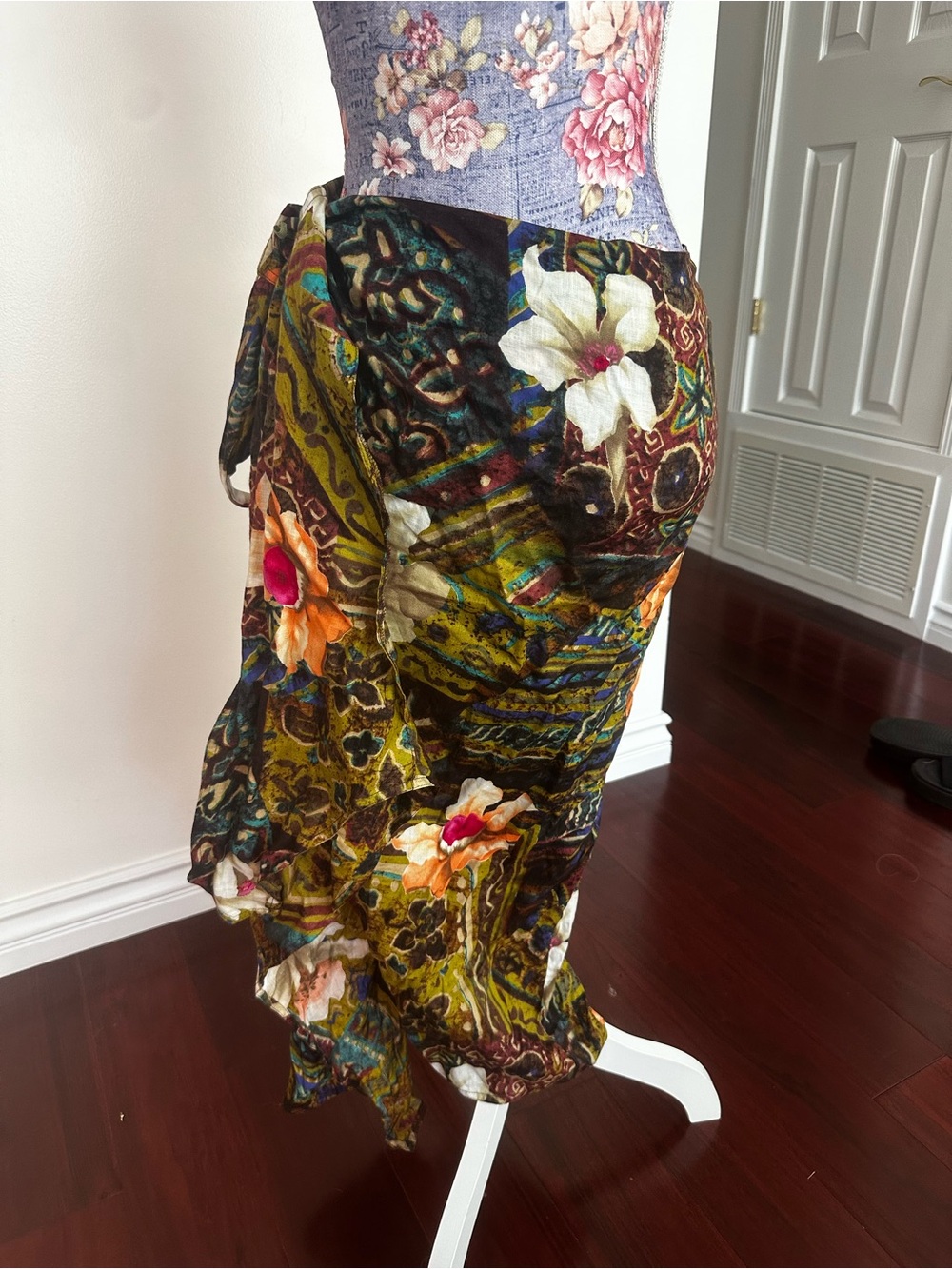 Floral Patchwork Wrap Skirt in Olive Green
